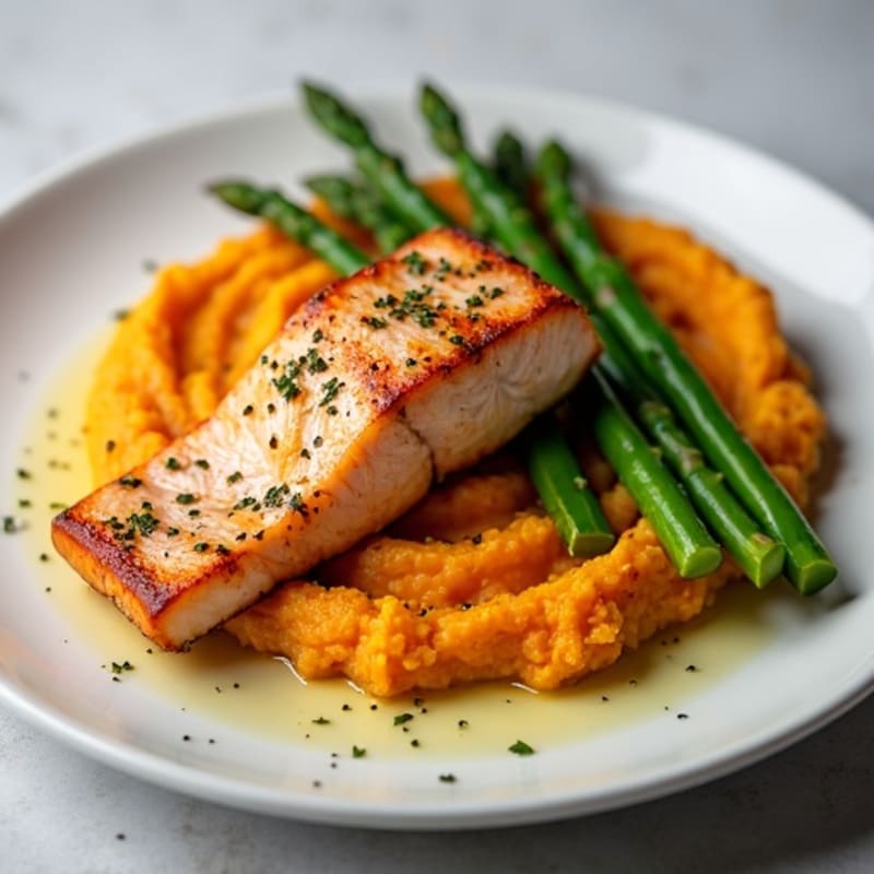 Seared Salmon with Steamed Asparagus and Sweet Potato Mash