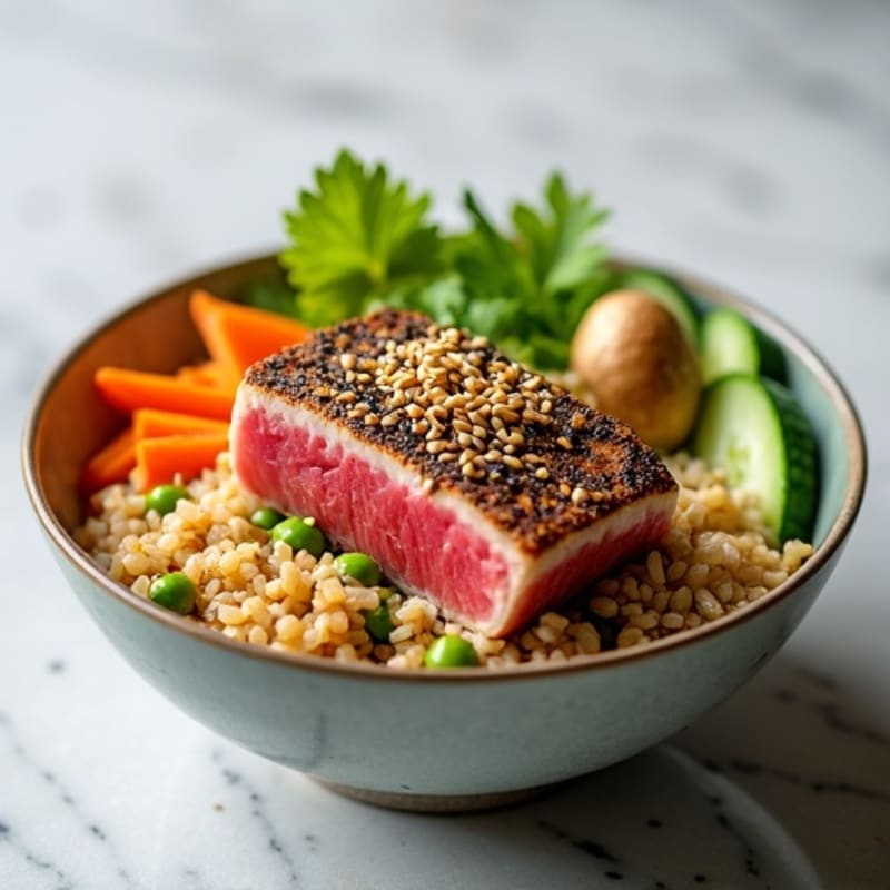 Sesame-Crusted Tuna Rice Bowl with Fresh Vegetables