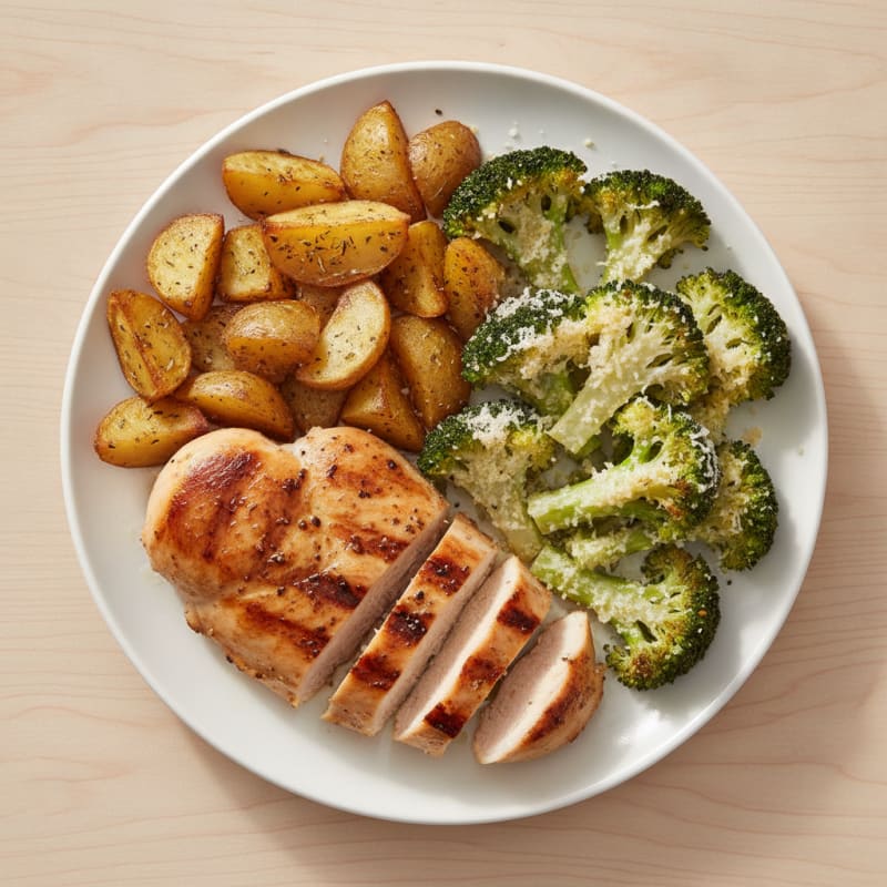 Grilled Chicken Breast with Roasted Potatoes and Parmesan Broccoli