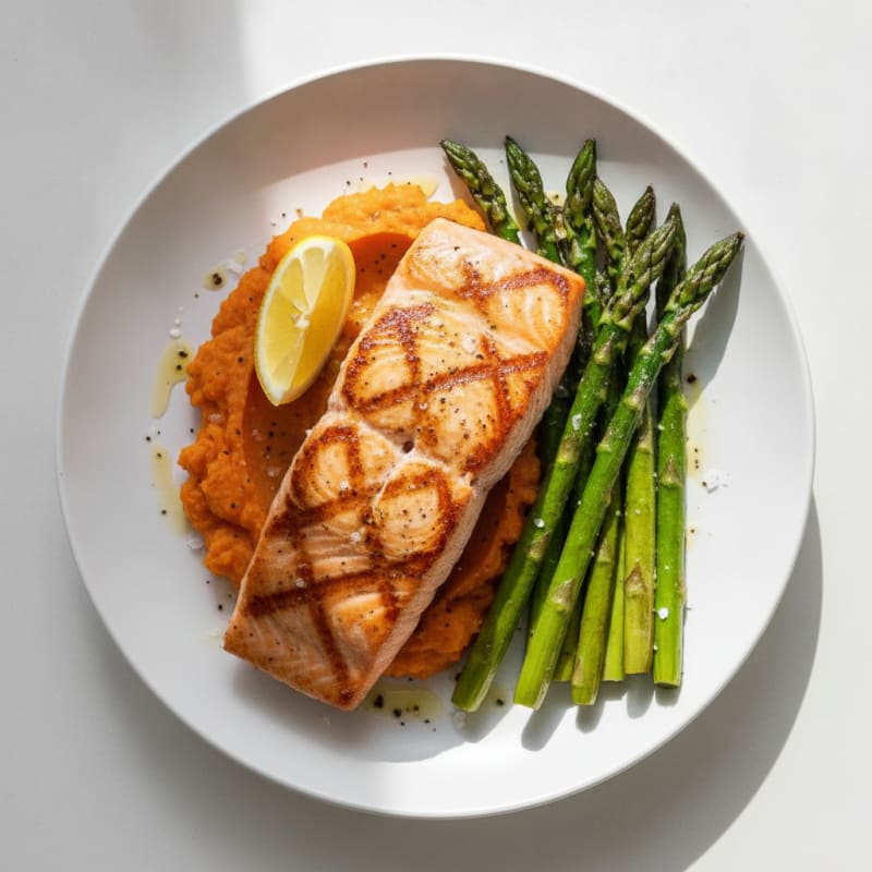 Seared Salmon Fillet with Roasted Asparagus and Sweet Potato Mash