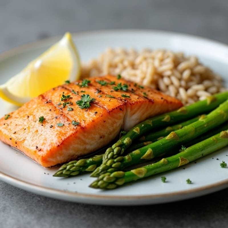 Seared Salmon Fillet with Roasted Asparagus and Brown Rice