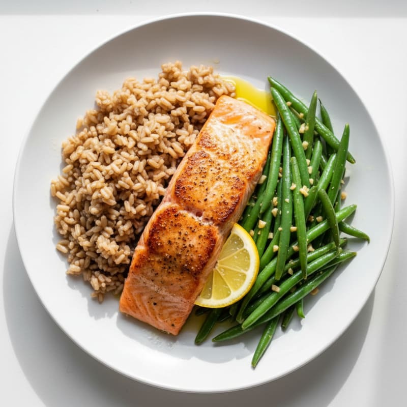 Baked Salmon with Garlic Green Beans and Brown Rice