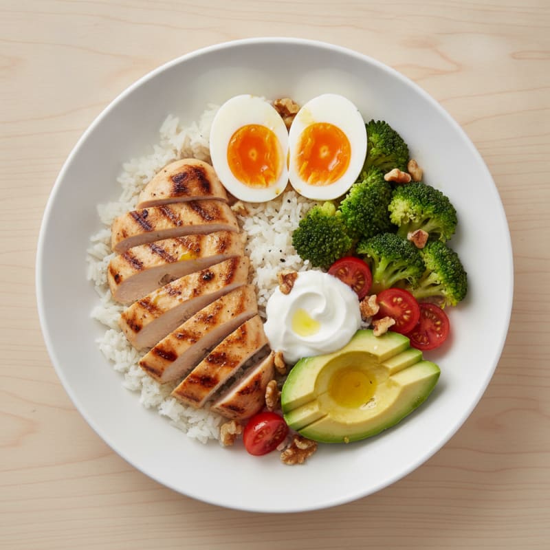 Grilled Chicken and Avocado Rice Bowl with Broccoli and Tomatoes