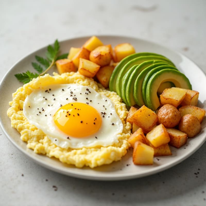 Scrambled Eggs with Crispy Potatoes and Avocado Slices