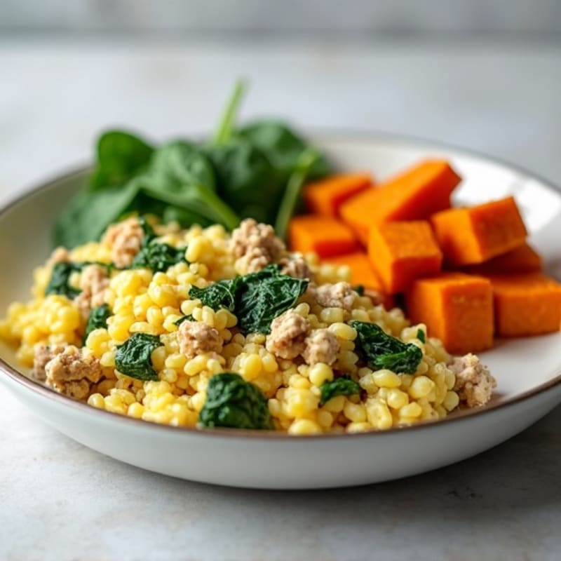 Egg White and Turkey Spinach Scramble with Roasted Sweet Potato