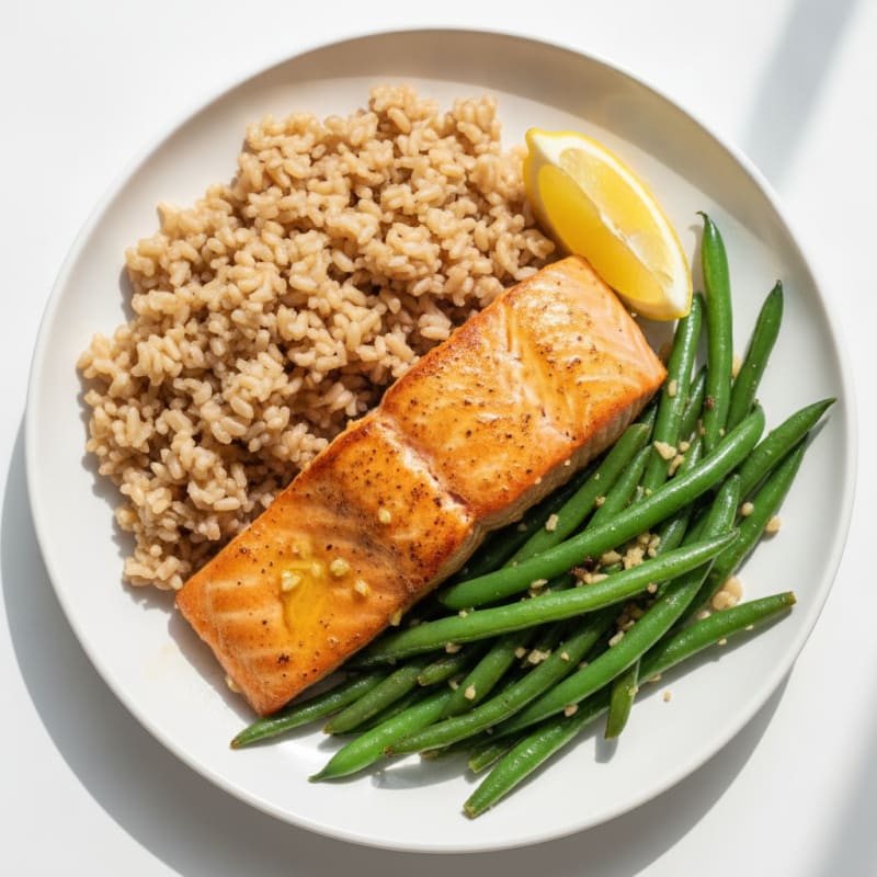 Seared Salmon with Garlic Green Beans and Brown Rice