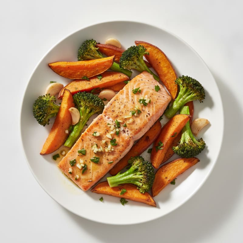 Seared Garlic Herb Salmon with Roasted Broccoli and Sweet Potato