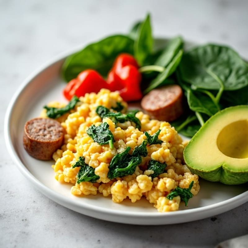 Egg White Scramble with Turkey Sausage and Sautéed Spinach