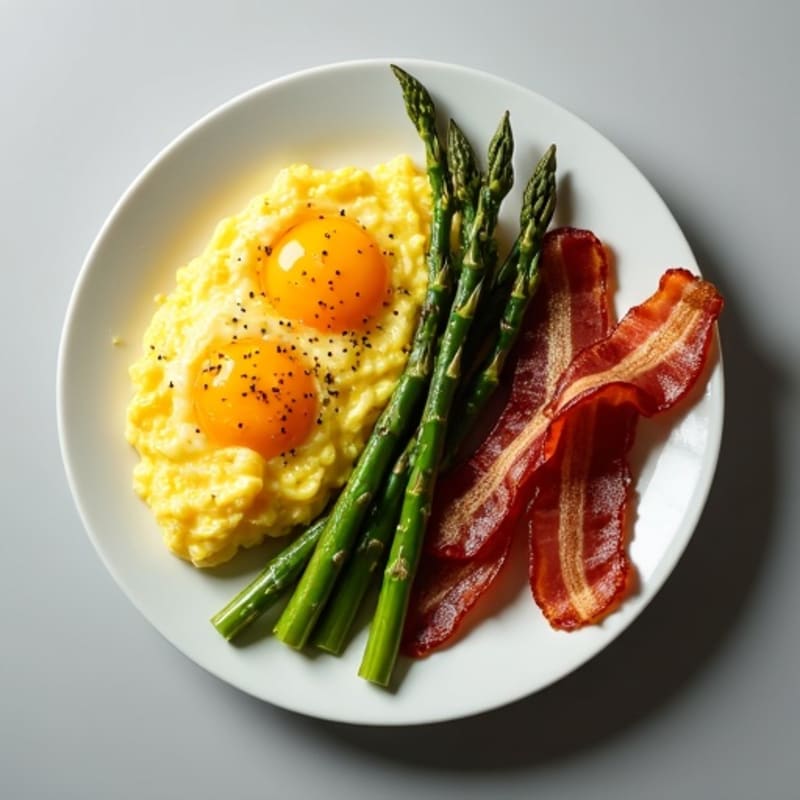 Fluffy Scrambled Eggs with Crispy Turkey Bacon and Roasted Asparagus