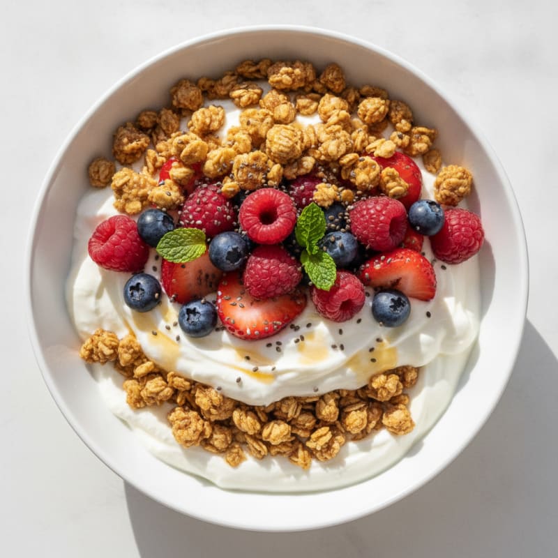 Creamy Greek Yogurt Parfait with Protein Granola and Mixed Berries
