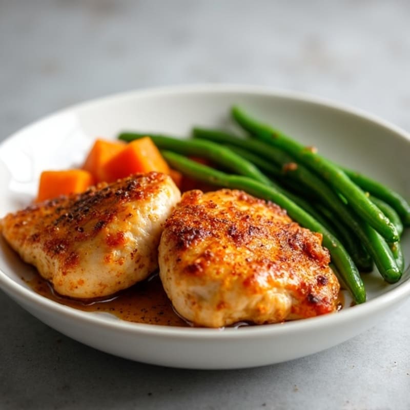 Crispy Baked Chicken Thighs with Roasted Sweet Potatoes and Green Beans