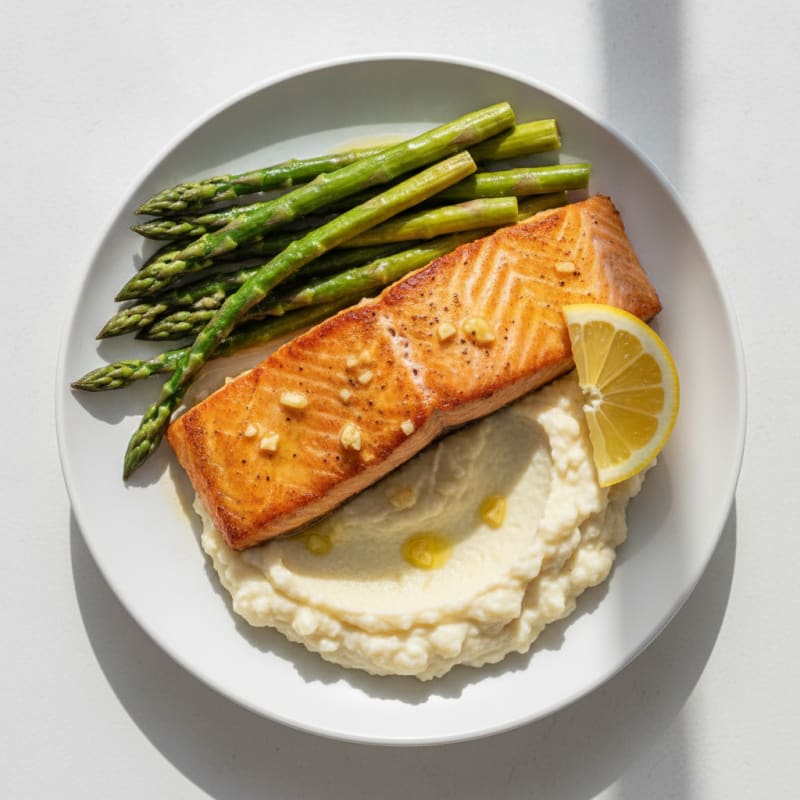 Seared Salmon with Steamed Asparagus and Cauliflower Mash