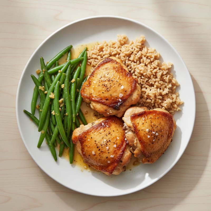 Seared Chicken Thighs with Garlic Green Beans and Brown Rice