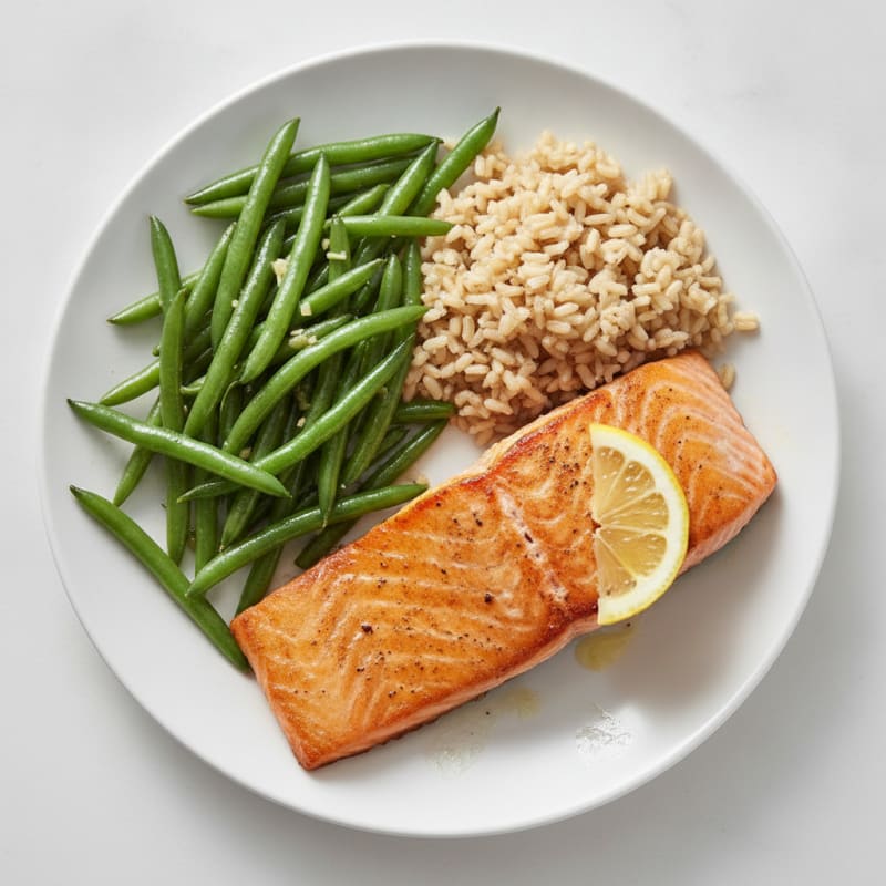 Seared Salmon with Garlic Green Beans and Brown Rice