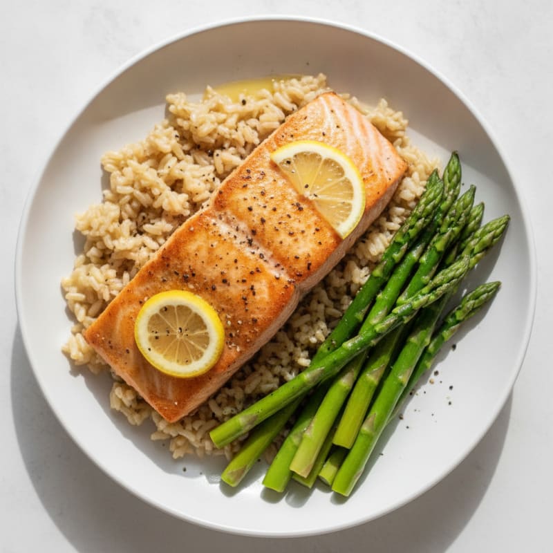 Seared Salmon with Steamed Asparagus and Brown Rice