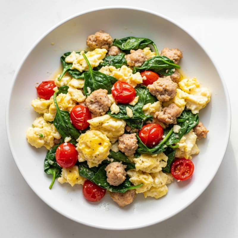 Egg White and Turkey Sausage Scramble with Spinach and Cherry Tomatoes