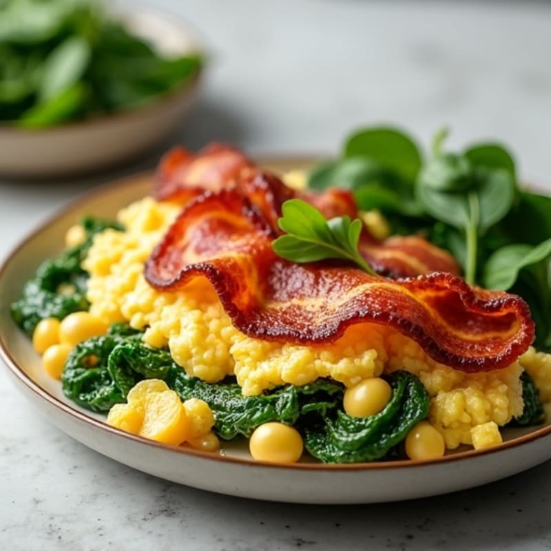 Crispy Turkey Bacon Egg White Scramble with Sautéed Spinach