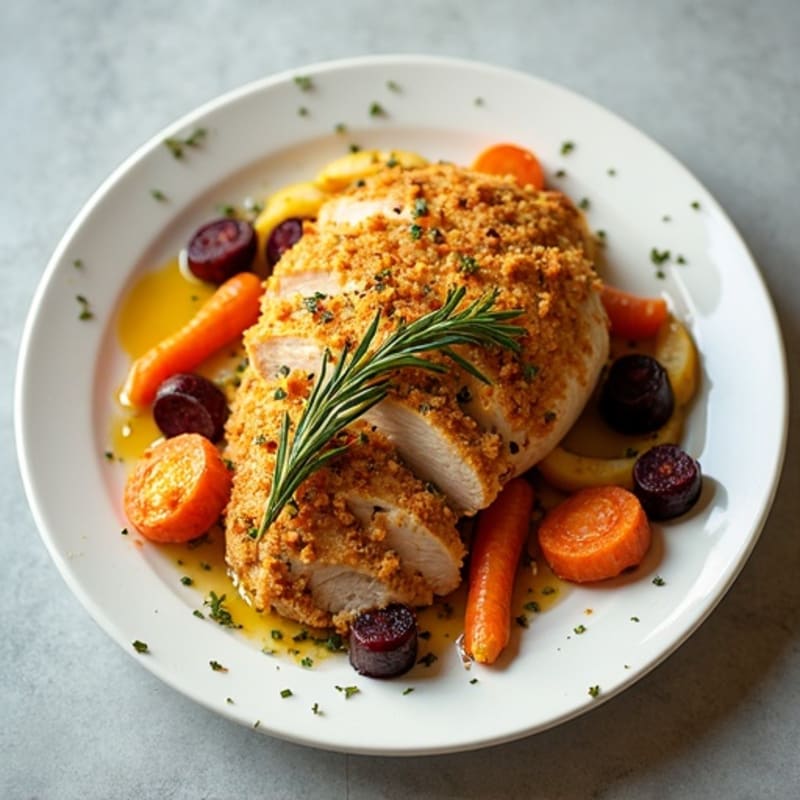 Crispy Lemon Herb Shredded Chicken with Roasted Root Vegetables