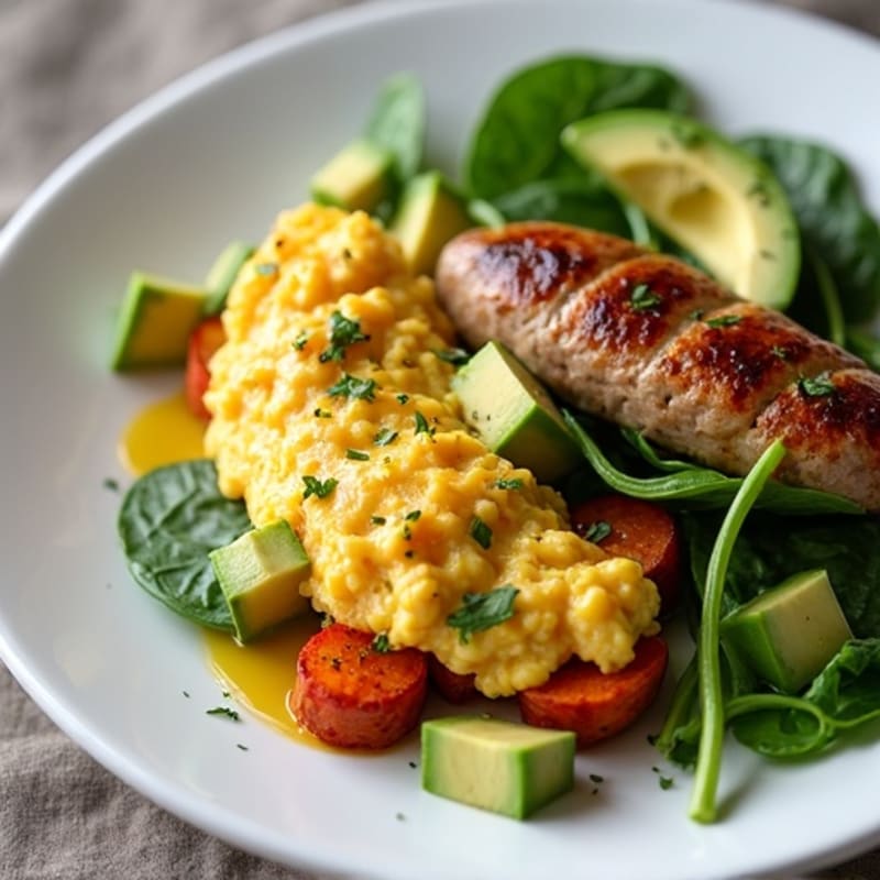 Egg White and Turkey Sausage Scramble with Roasted Sweet Potatoes