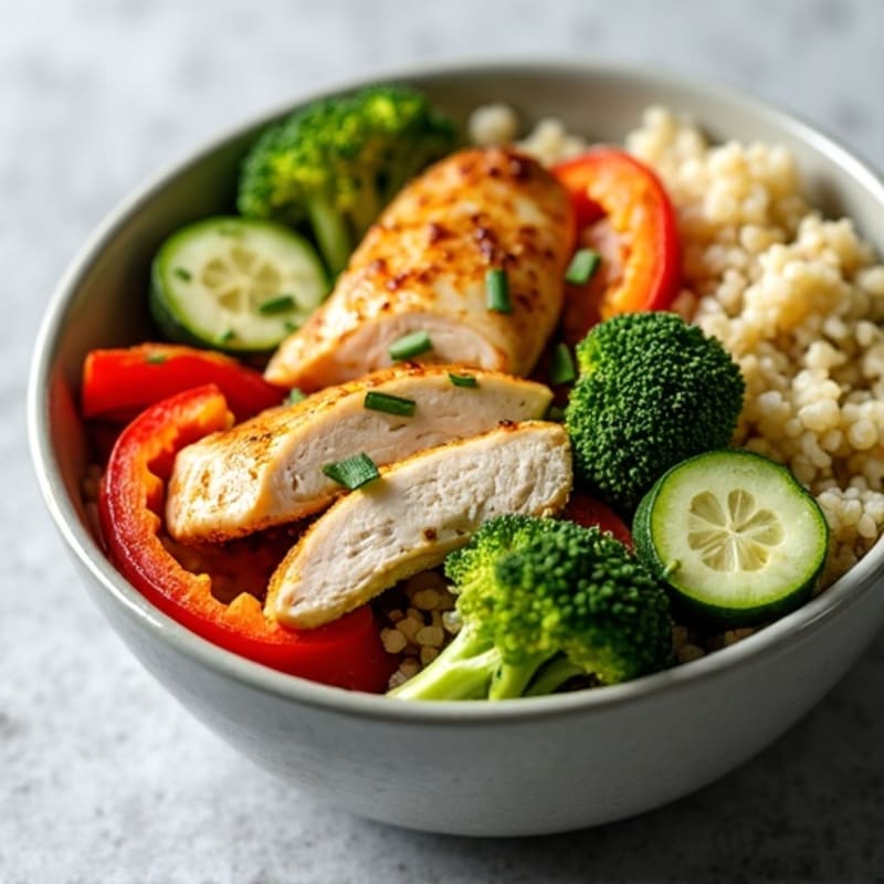 Chicken and Roasted Vegetable Power Bowl with Creamy Lemon Dressing