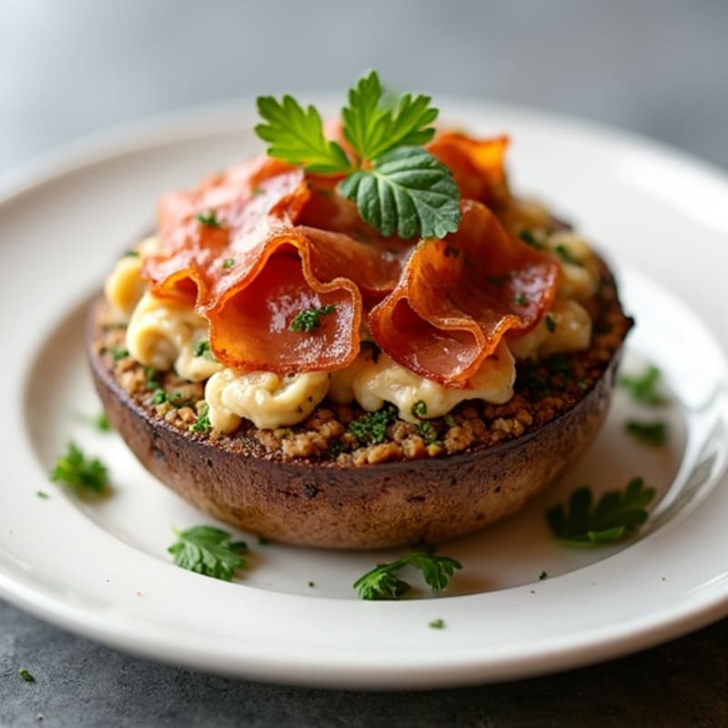Stuffed Portobello Mushrooms with Lean Ground Turkey, Crispy Prosciutto, and Fresh Herbs