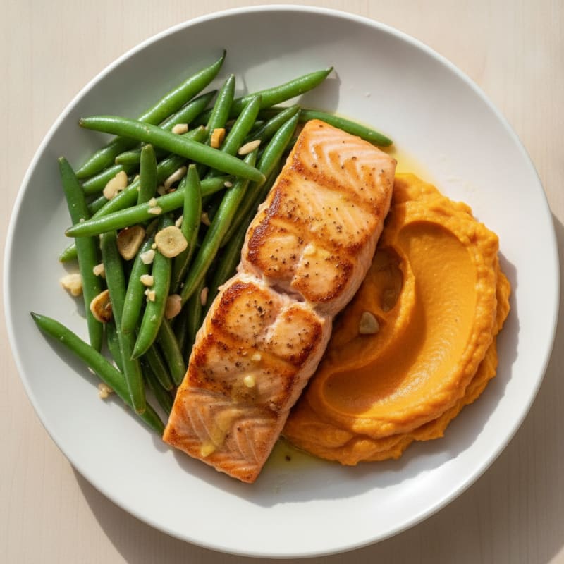 Seared Salmon with Garlic Green Beans and Sweet Potato Mash