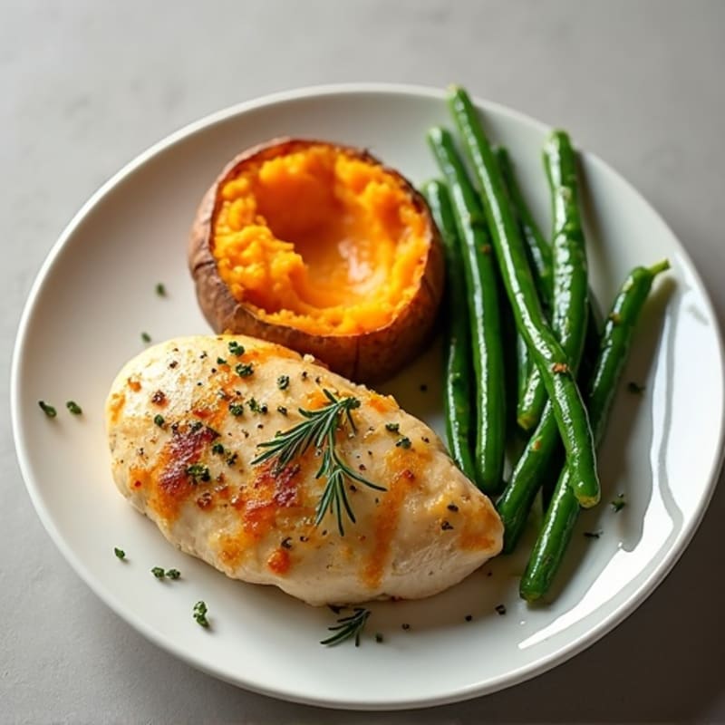 Lemon-Herb Roasted Chicken with Fluffy Sweet Potato and Green Beans
