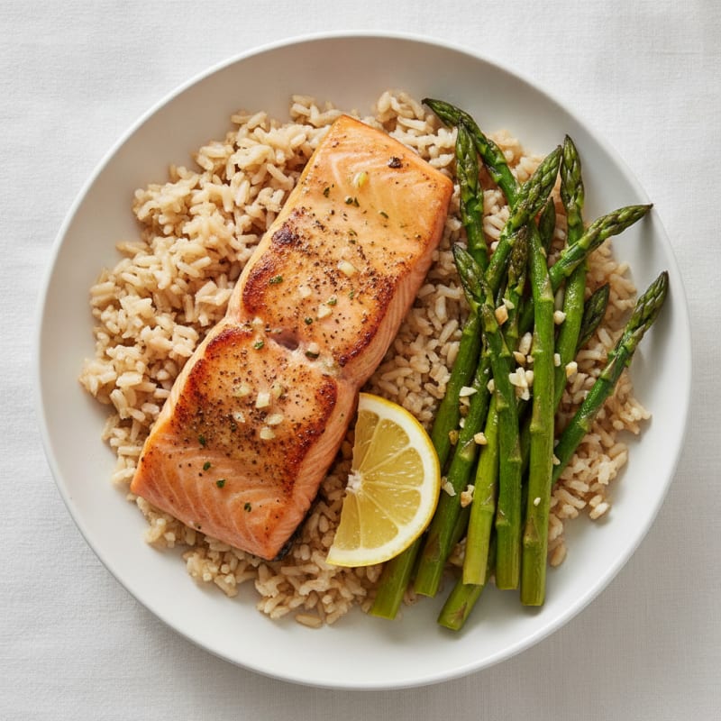 Seared Salmon Fillet with Roasted Asparagus and Brown Rice