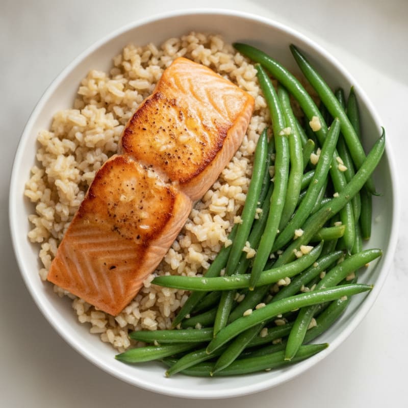 Seared Salmon with Garlic Green Beans and Steamed Brown Rice