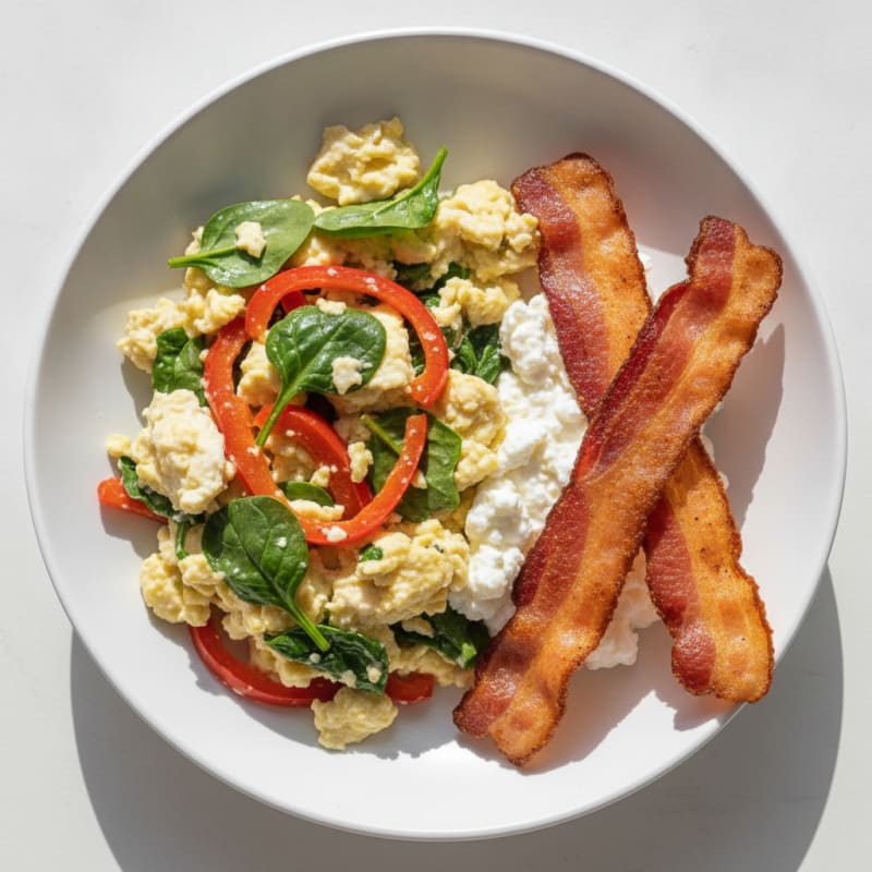Egg White Vegetable Scramble with Cottage Cheese and Turkey Bacon