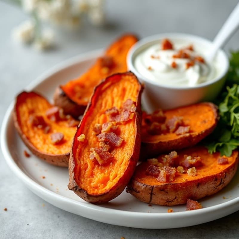 Crispy Sweet Potato Wedges with Turkey Bacon Crumbles and Greek Yogurt Dip