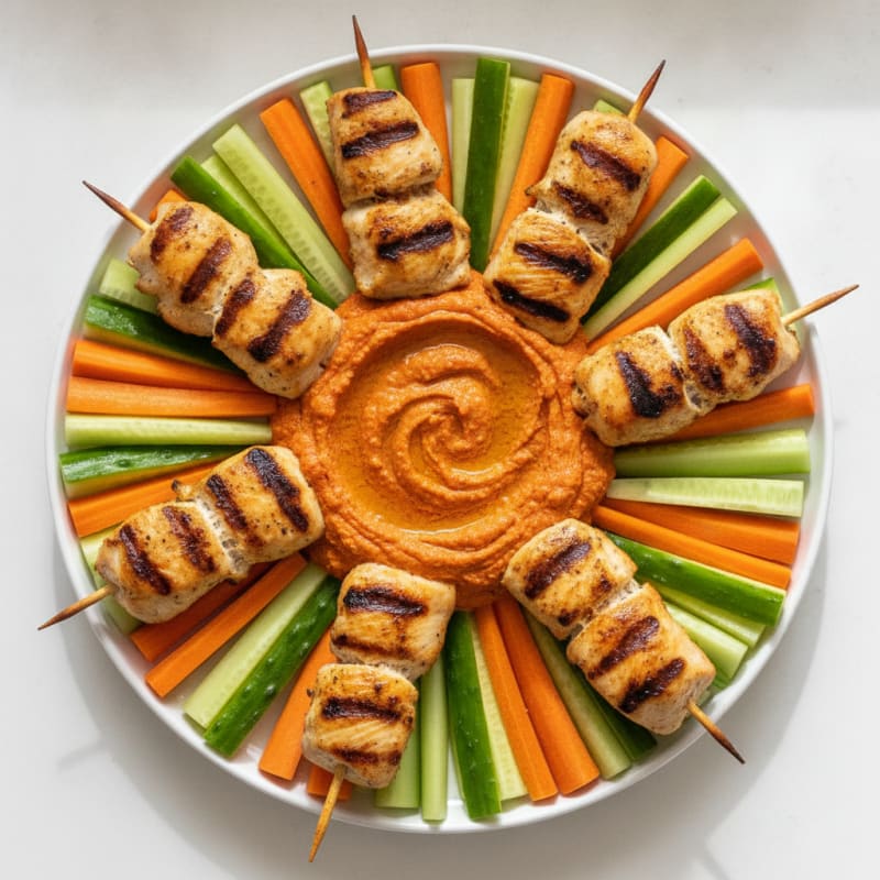 Roasted Red Pepper Hummus Dip with Grilled Chicken Skewers