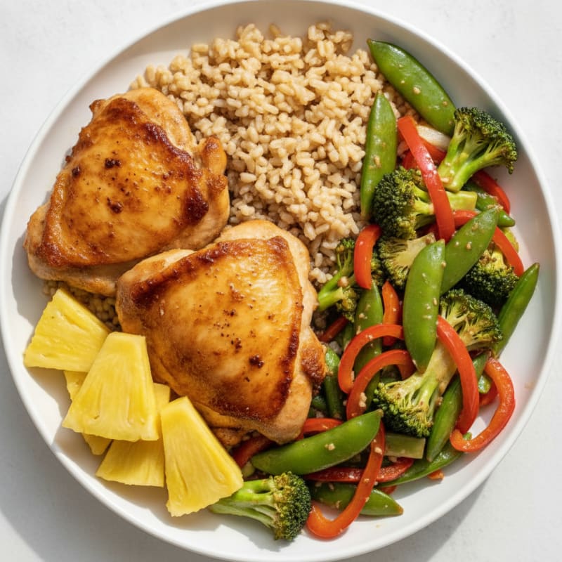 Seared Chicken Thighs with Steamed Brown Rice and Stir-Fried Vegetables