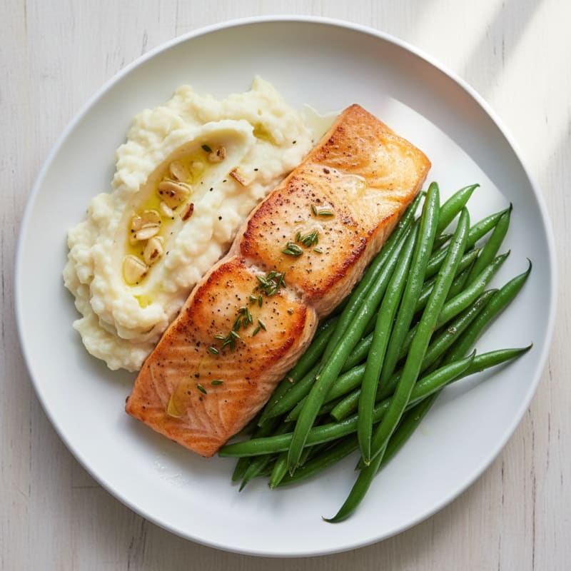 Seared Salmon with Steamed Green Beans and Garlic Mashed Cauliflower