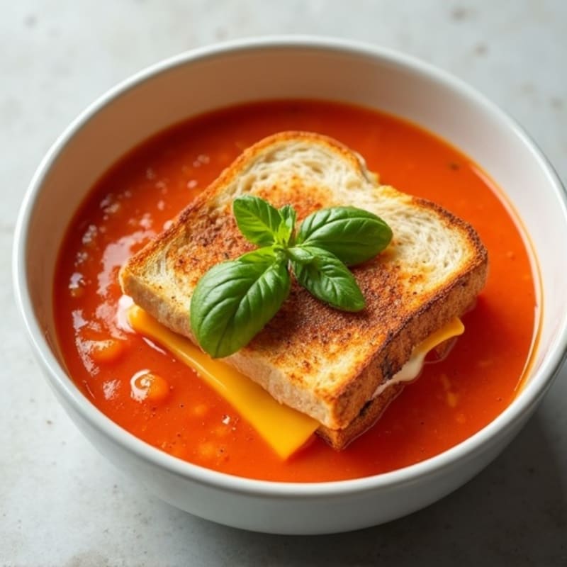 Creamy Tomato Basil Soup with Crispy Whole Grain Grilled Cheese