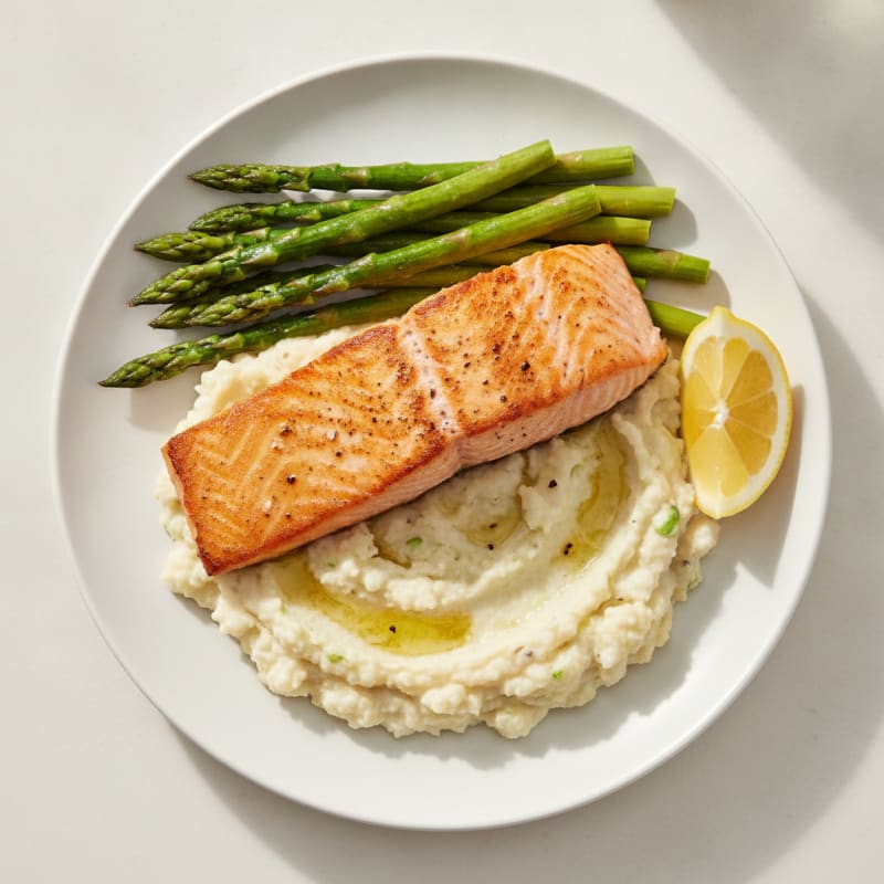 Seared Salmon with Steamed Asparagus and Cauliflower Mash