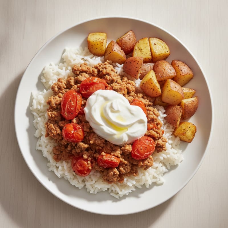 Ground Turkey and Tomato Rice Bowl with Roasted Potatoes