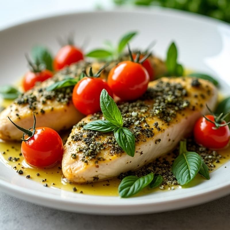 Herb-Crusted Pesto Chicken with Roasted Tomatoes