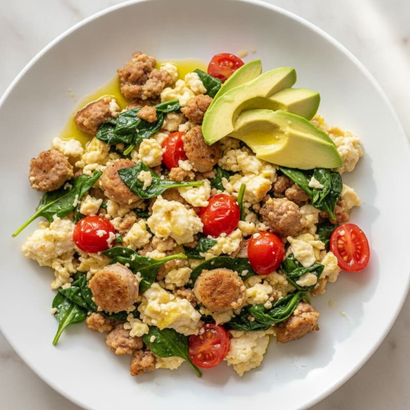 Egg White and Turkey Sausage Scramble with Spinach and Tomatoes