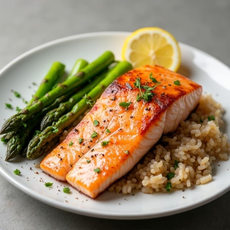 Seared Salmon with Steamed Asparagus and Brown Rice