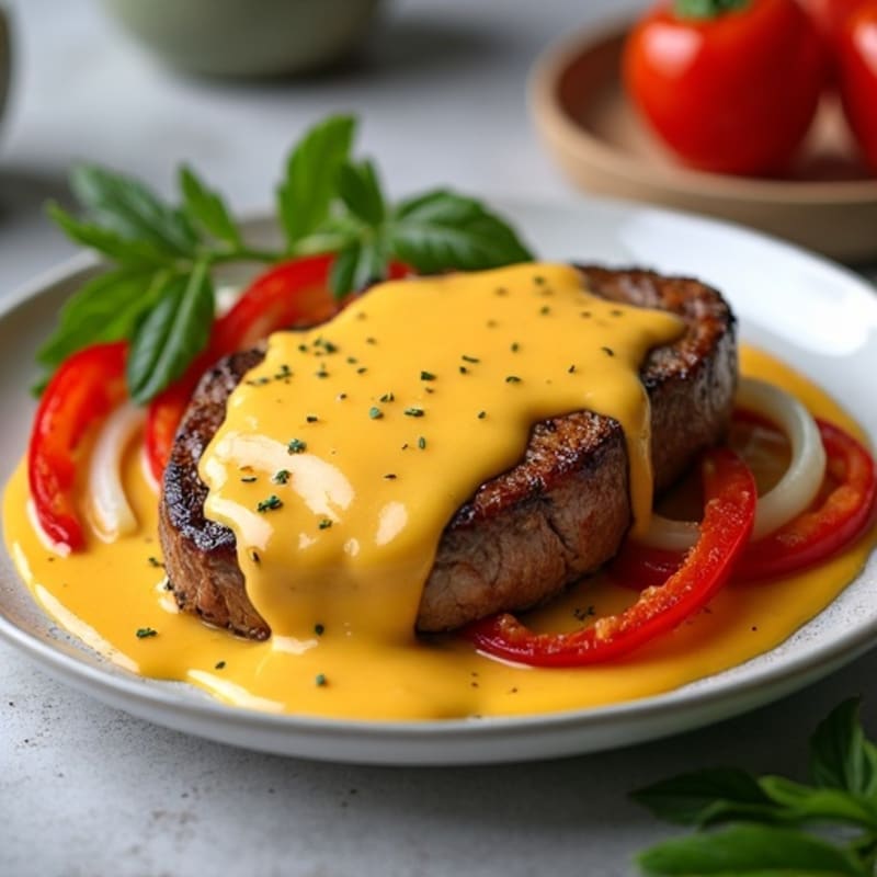 Pan-Seared Steak with Sautéed Bell Peppers, Onions, and Creamy Cheese Sauce