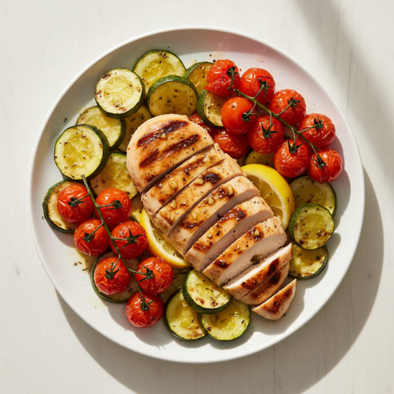 Grilled Chicken Breast with Roasted Zucchini and Cherry Tomatoes