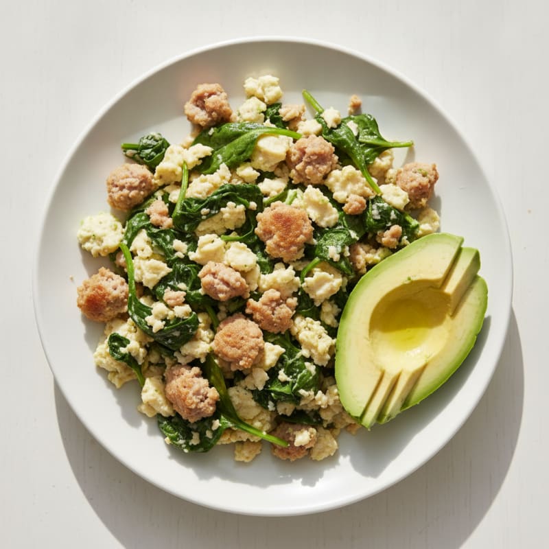 Egg White and Spinach Scramble with Turkey Sausage