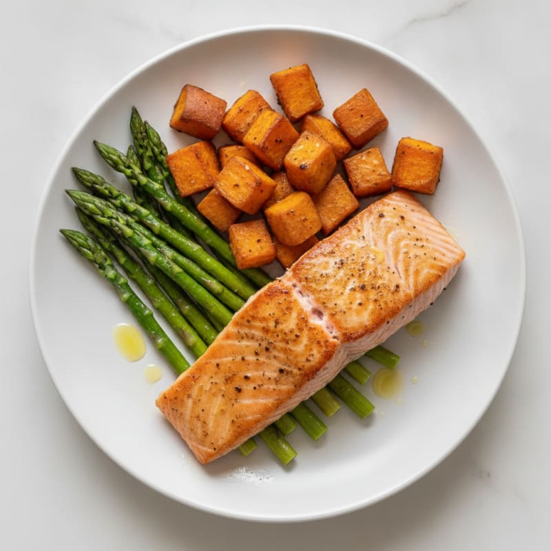 Seared Salmon Fillet with Roasted Sweet Potato and Asparagus