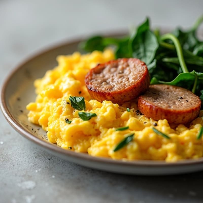 Scrambled Eggs with Turkey Sausage and Sautéed Spinach