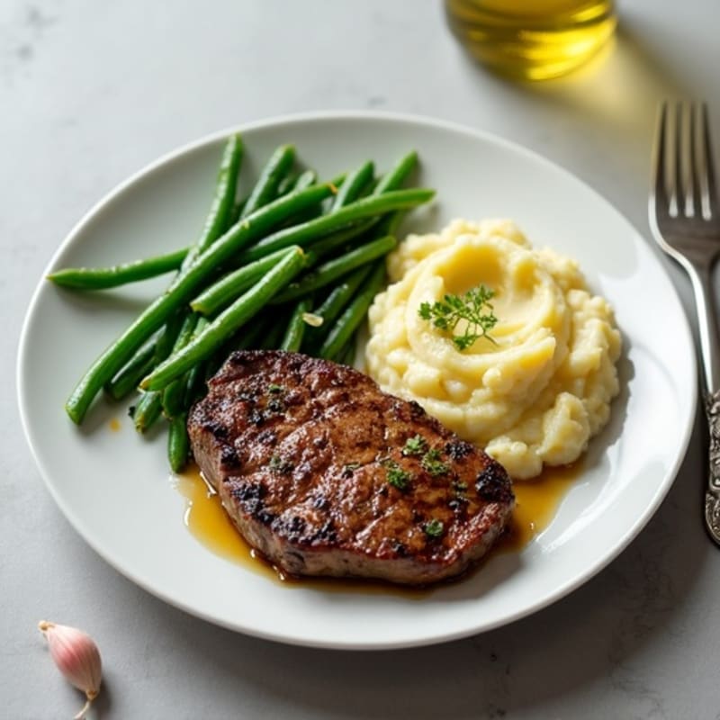 Seared Steak with Garlic Green Beans and Mashed Potatoes