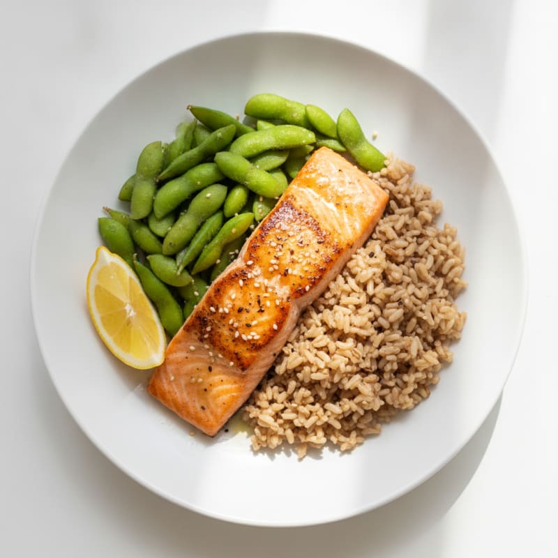 Seared Salmon Fillet with Steamed Edamame and Brown Rice