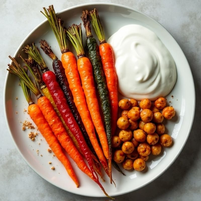 Honey-Maple Roasted Rainbow Carrots with Spiced Chickpeas & Greek Yogurt Dip