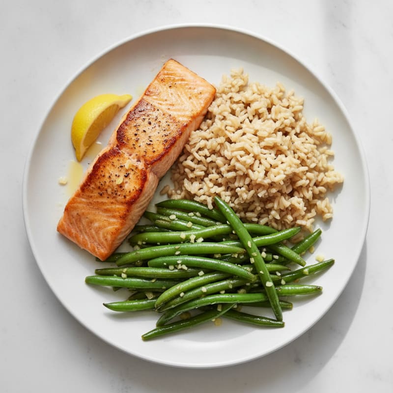 Seared Salmon with Garlic Green Beans and Brown Rice