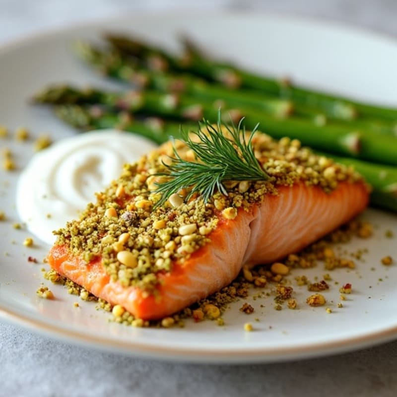 Crispy Pistachio-Crusted Salmon with Creamy Lemon-Dill Sauce and Roasted Asparagus